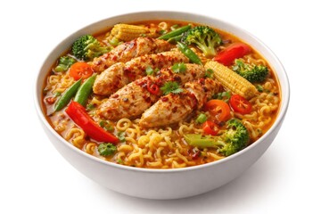 Fototapeta premium Spicy curry instant noodle bowl with tender chicken and garden vegetables isolated on white