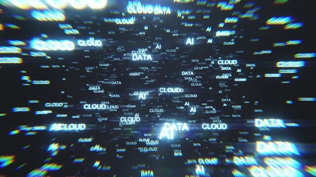 Binary AI Data Cloud Theme Words text Flying Through Digital Space Loop background technology idea concept. Chromatic Aberration Distortion effects.
