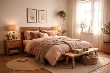 Fototapeta premium Charming cozy bedroom with wooden flooring brown and pink bedding and white wall space
