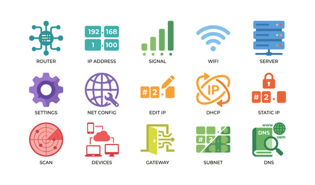 Network router icons displaying ip address and server on white