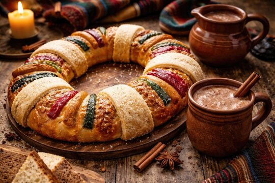 Mexican rosca de reyes dessert served on rustic wood with hot chocolate cup