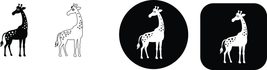 Fototapeta premium Four stylized giraffe in black and white with different backgrounds and outlines animal
