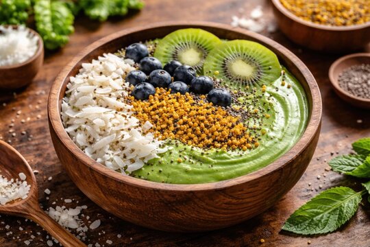 Nutritious superfood matcha bowl with coconut flakes and bee pollen in wooden bowl scene
