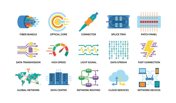 Network icons showing fiber and data components on white background