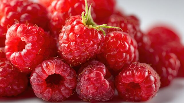 Close up of fresh red raspberries showing texture and detail
