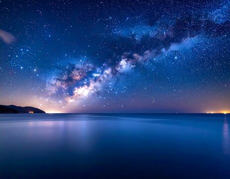 Brilliant Milky Way Galaxy Spanning Starry Night Sky Over Calm Ocean Coast