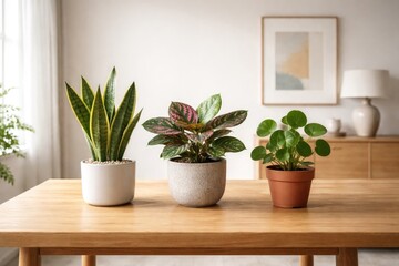Obraz premium Minimalist interior featuring wooden table with three vibrant potted plants