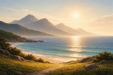 Fototapeta premium Sunlit natural landscape art with minimalist mountains and ocean scene