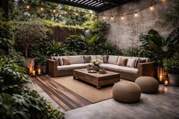 Fototapeta premium Rendered outdoor living zone in loft style with mixed wood concrete floors coarse concrete walls abundant green planting fence and fabric covered rattan furniture