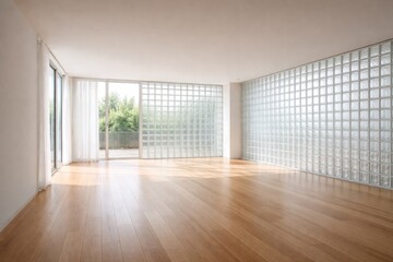Fototapeta premium Minimalist empty room showcasing transparent glass block walls and smooth wooden floors by windows