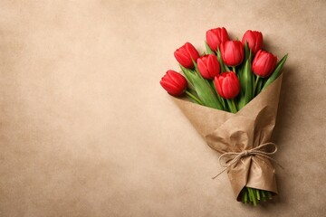 Obraz premium Beige backdrop featuring a red tulip bouquet wrapped in recycled craft paper with copy space from above