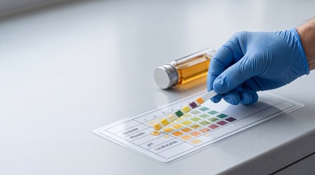 Scientist with glove holding urine test strip to analyze sample on color chart. Medical diagnostic procedure for checking glucose and protein level. Clinical laboratory testing concept.