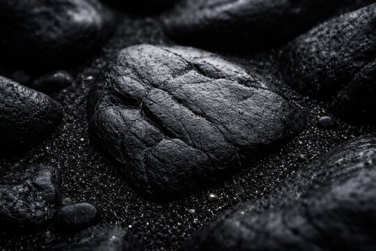 Macro shot of dark basalt stone textures along black sand coast