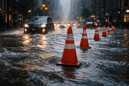 Traffic cones guide vehicles through waterlogged streets in city flooding