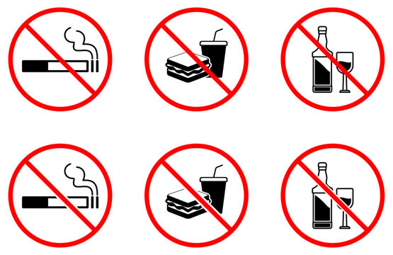 prohibition icons with no smoking, no food, no drink, no mobile phone, forbidden sign, warning symbol, restriction label, safety notice, banned icon set for public areas
