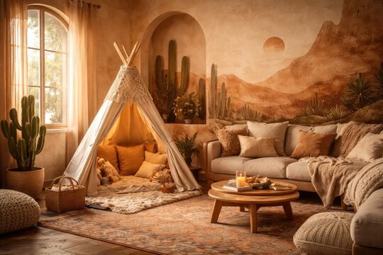 relaxing living space including a children's teepee and tan desert patterned walls