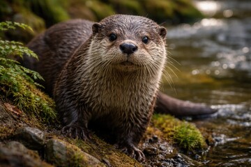 Fototapeta premium Portrait of a European river otter navigating riverbank scenes for biological reference