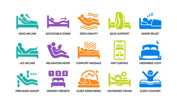 Adjustable bed features and comfort functions in icon set