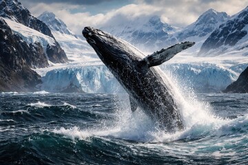 Naklejka premium Stunning whale jump amidst cold ocean waves showcasing broad glacier scenery