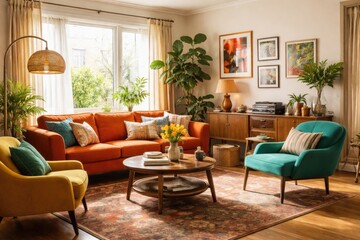 Fototapeta premium Bright retro apartment living room with cozy orange couch and multicolored chairs