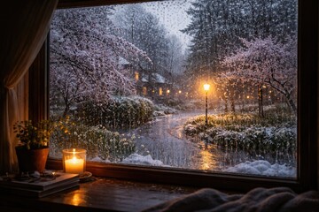 Obraz premium Window view capturing uncommon springtime snow and rain transition in the evening