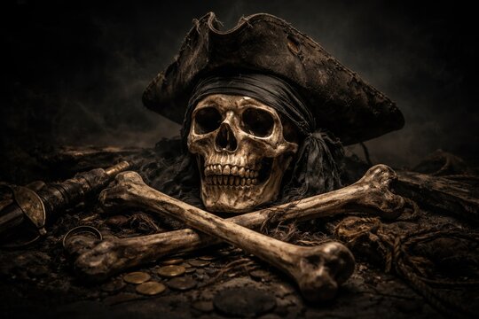 Faded pirate skull and bones composition on a dark moody background