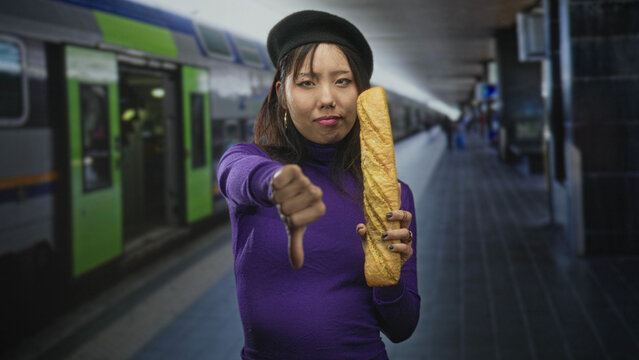 Woman holding baguette and showing thumbs down gesture on train platform inside station building; disapproval protest.