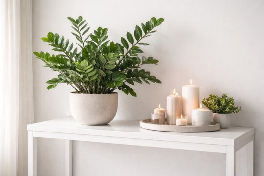 Minimalist white framed table adorned with lush zamioculcas and candle arrangements