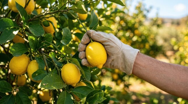 Picking a fresh ripe lemon from a citrus tree branch in a sunny orchard, representing the peak of the citrus harvest and natural freshness.