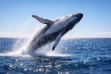 Fototapeta premium Playful whale performing a leap over sparkling sea under clear sky