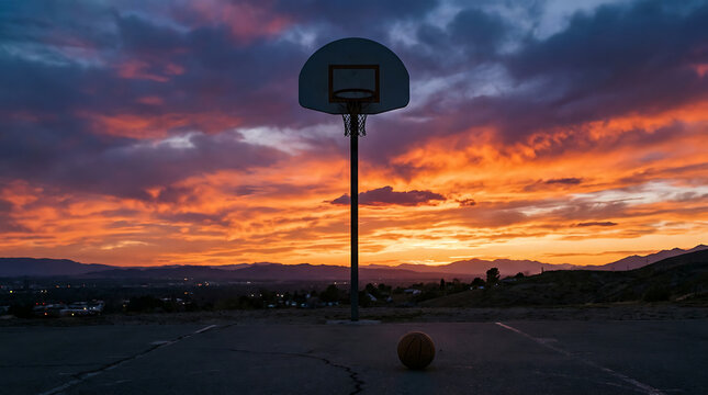 Basketball hoop stands alone at sunset with vibrant orange and purple sky background