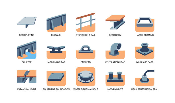 Ship deck fittings and hardware icons on white background