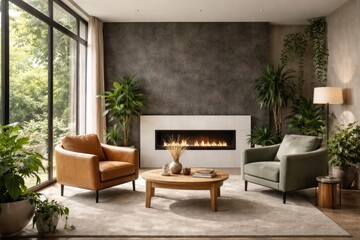Naklejka premium Tranquil psychotherapy setting showcasing a black cement backdrop and stylish white fireplace, enriched with greenery and daylight streaming through large glass panels