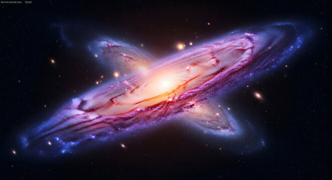 Vibrant cosmic galaxy collision with glowing pink and purple nebula stars in deep space universe background