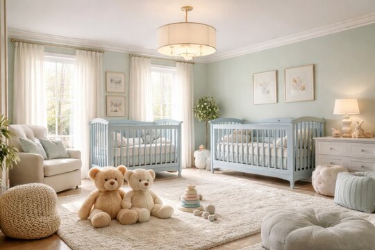 Soft mint green nursery room featuring twin blue cribs, teddy bears, cushioned seating, and plush floor rugs