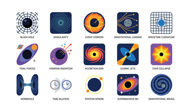 Black hole icons illustrating astrophysics concepts in grid