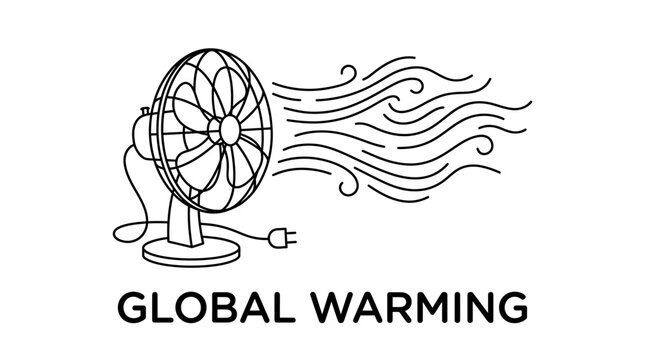 Line art illustration of an electric fan blowing air with Global Warming text.