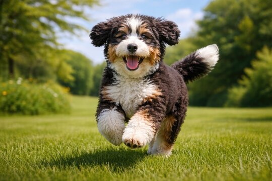 Cheerful bernedoodle bounding along a fresh green grassy lawn under a clear summer sky full length image