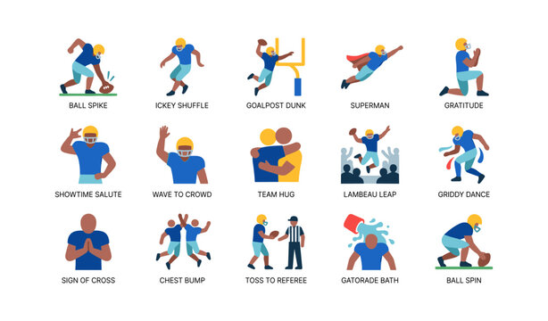 Football celebration gestures and actions illustrated on field