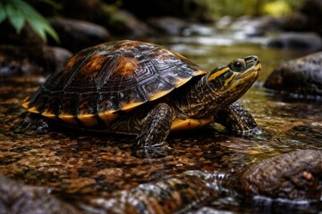 Naklejka premium Malayan Box Turtle Cuora amboinensis showing distinctive shell patterns in shallow stream