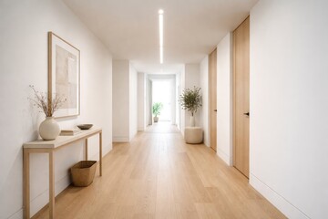 Fototapeta premium Minimalist contemporary hallway interior with light wooden floors and clean white painted walls