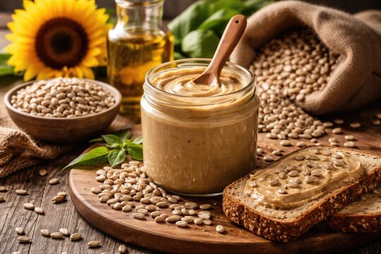 Organic sunflower seeds and natural butter spread in a health aware eating habit