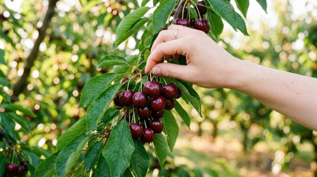 Close-up of a hand picking ripe dark red cherries from a tree branch in a summer orchard, highlighting freshness, juicy texture, and organic fruit harvesting.