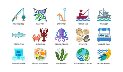 Fototapeta premium Fishing and seafood icons arranged in grid on white background