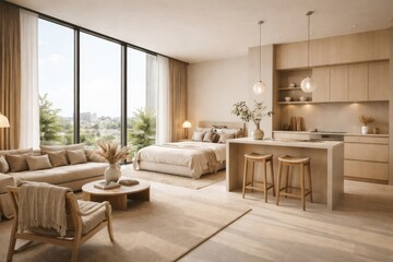 Fototapeta premium Stylish studio layout combining beige decor with floor to ceiling windows and a functional kitchen island