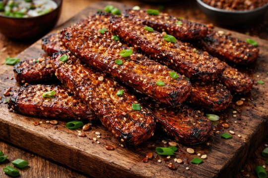 Soy sauce seasoned organic tempeh bacon for plant based dishes