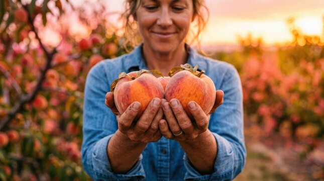Holding freshly harvested fuzzy peaches in an orchard, showcasing the warm colors and soft texture of the fruit at the height of summer.