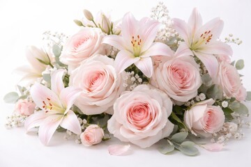 Obraz premium Soft pink roses and lilies artfully arranged against an immaculate white background