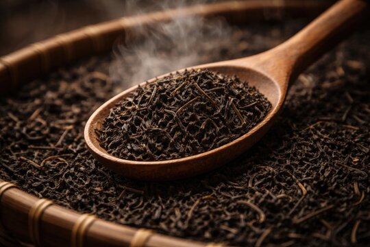 Wooden spoon filled with black tea leaves air drying process