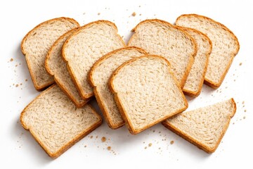 Naklejka premium Wheat bread slices artistically laid out on a crisp white setting